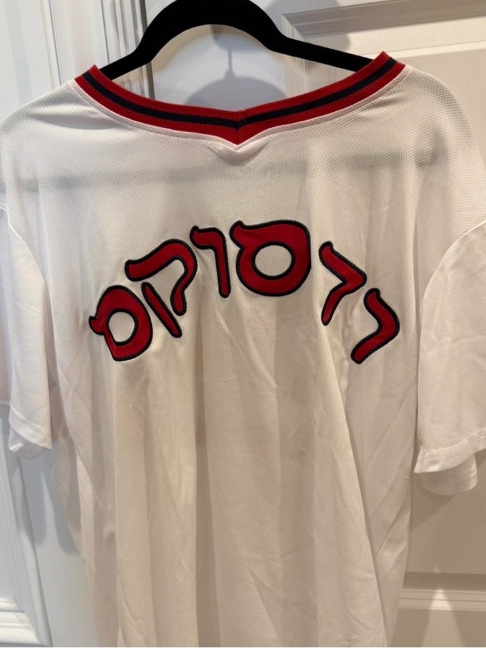 White Mesh Tee with Red Hebrew Red Sox Script